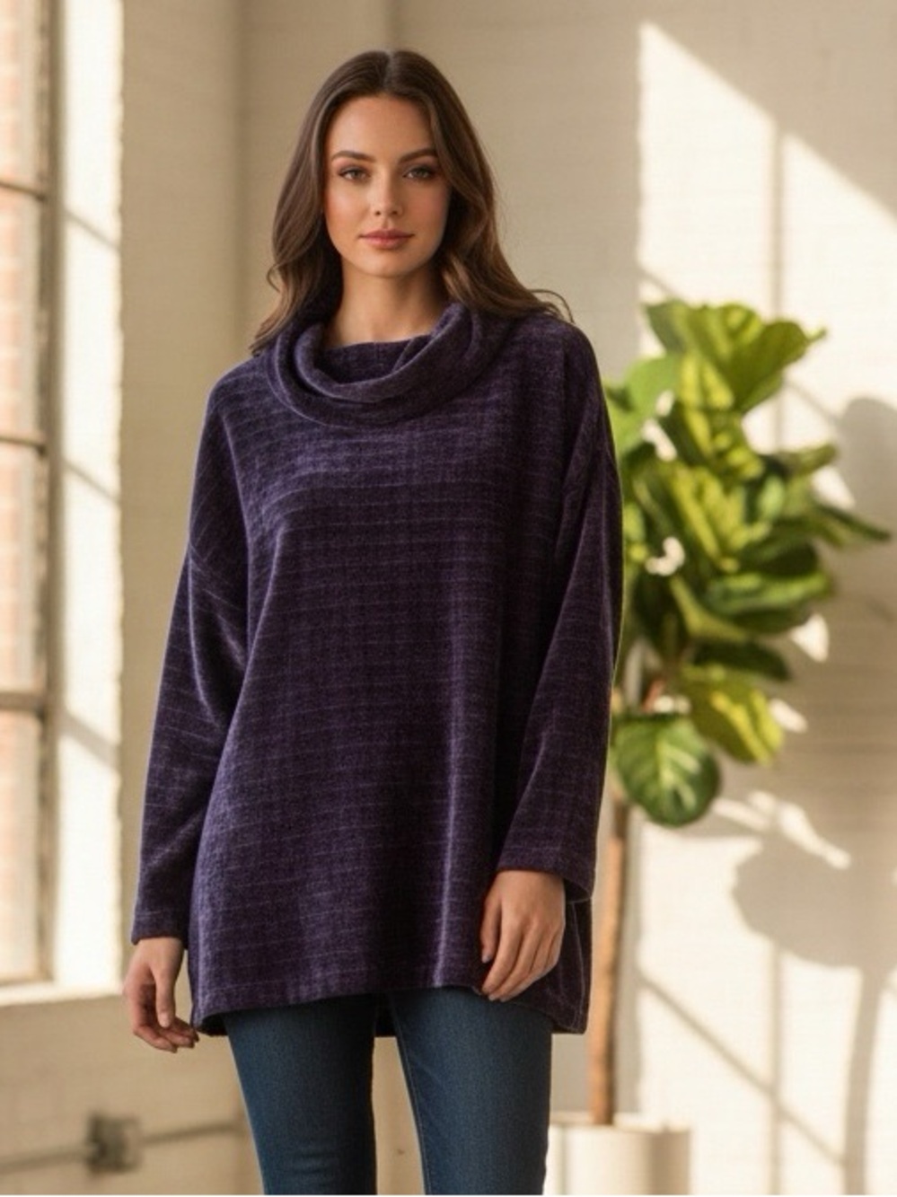 J.Jill Purple Cowl Neck Ribbed Chenille Pullover Sweater Tunic Size XL Petite
